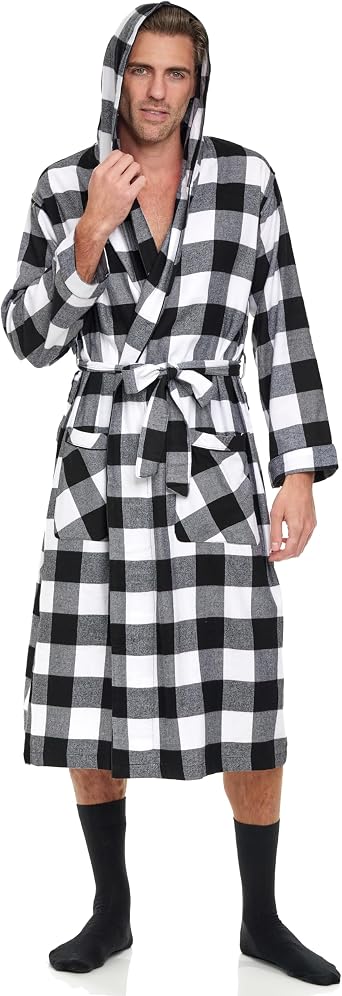 Andrew Scott Mens Robe with Hoodie| Cotton Flannel Brush Plaid | All Season | Full Length House Robe