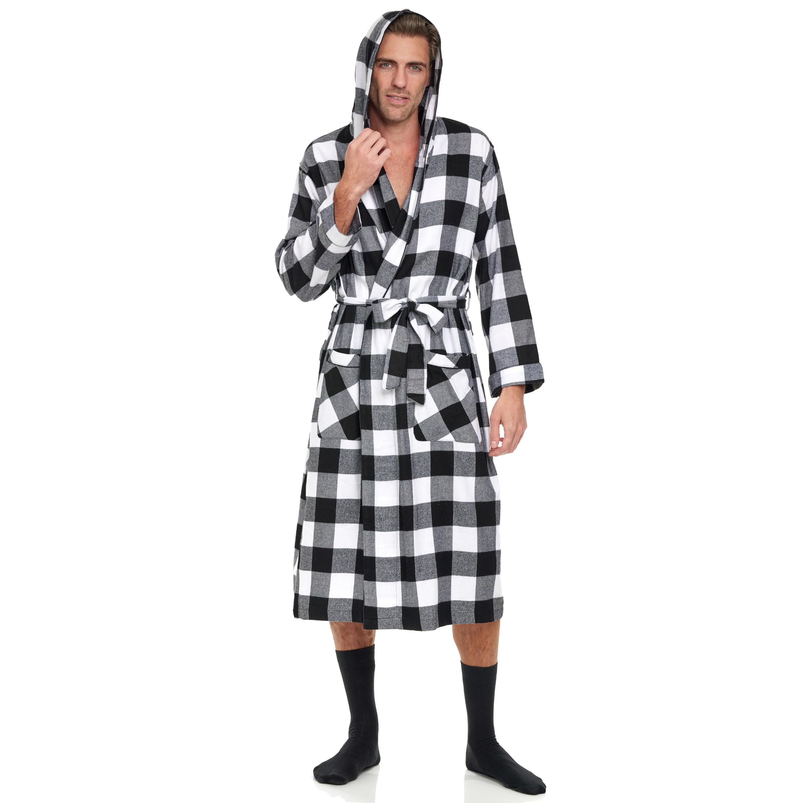 Andrew Scott Mens' Robe with Hoodie| Cotton Flannel Brush Plaid | All Season | Full Length House Robe