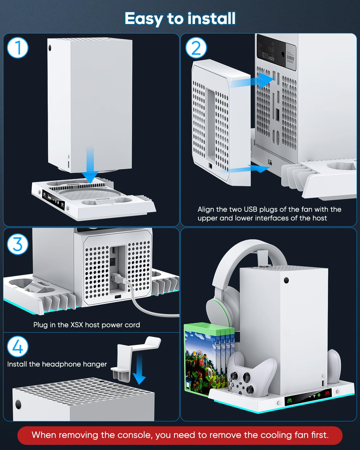 Ventilador de refrigeración mejorado y soporte de carga dual para consola Xbox Series X y controlador, sistema de estación de carga para serie X con 15 luces RGB, 2 baterías recargables de 1400 mAh,