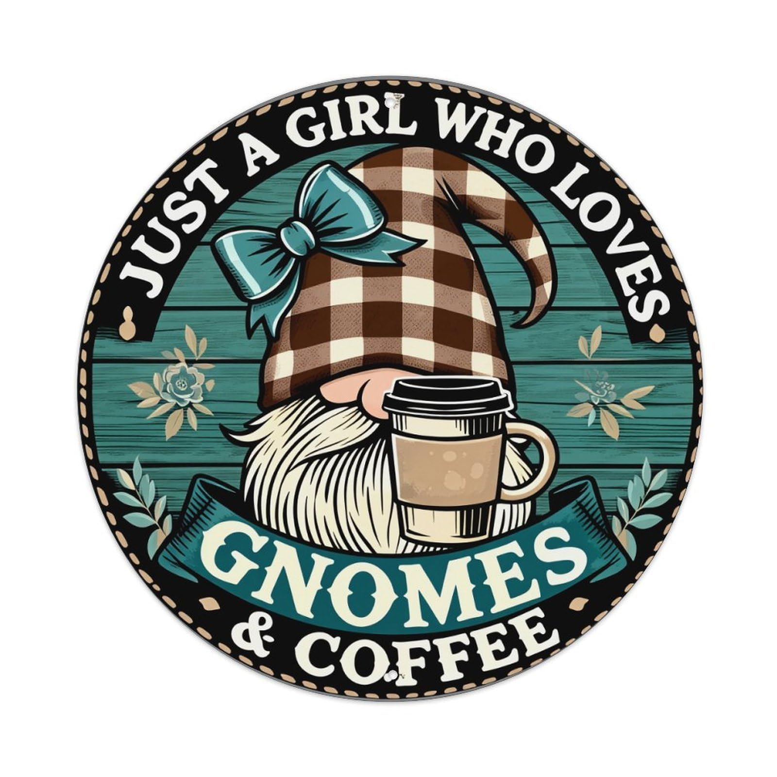 Gnome Coffee Bow Checkered Wood Round Tin Sign Vintage Metal Poster, Home Bar Garage Man Cave Cafe Indoor & Outdoor Wall Decoration 8x8Inches