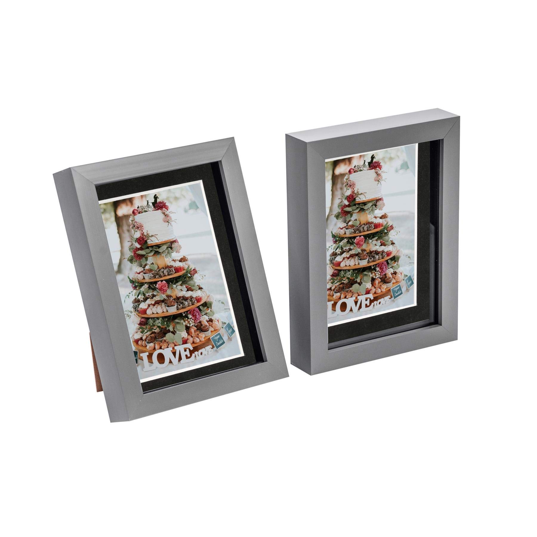 Nicola Spring Grey/Black 3D Shadow Box Photo Frames - 5X7 (12X17cm) - 4X6 Mount (10X15cm) - Pack Of 2 - 3D Photo Frame Box Picture Frame Box Portrait Display Case For Crafts, Keepsakes