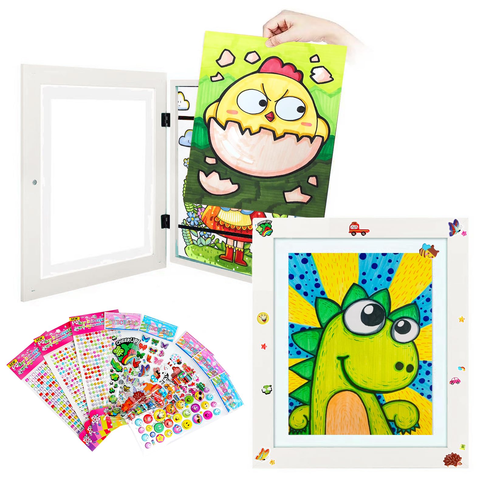 CosyCozy Kids Art Frame,10x12.5 Kids Artwork Frames Changeable with 8Pcs Cute Stickers,A4 Art Projects Frames for Drawings Painting Crafts