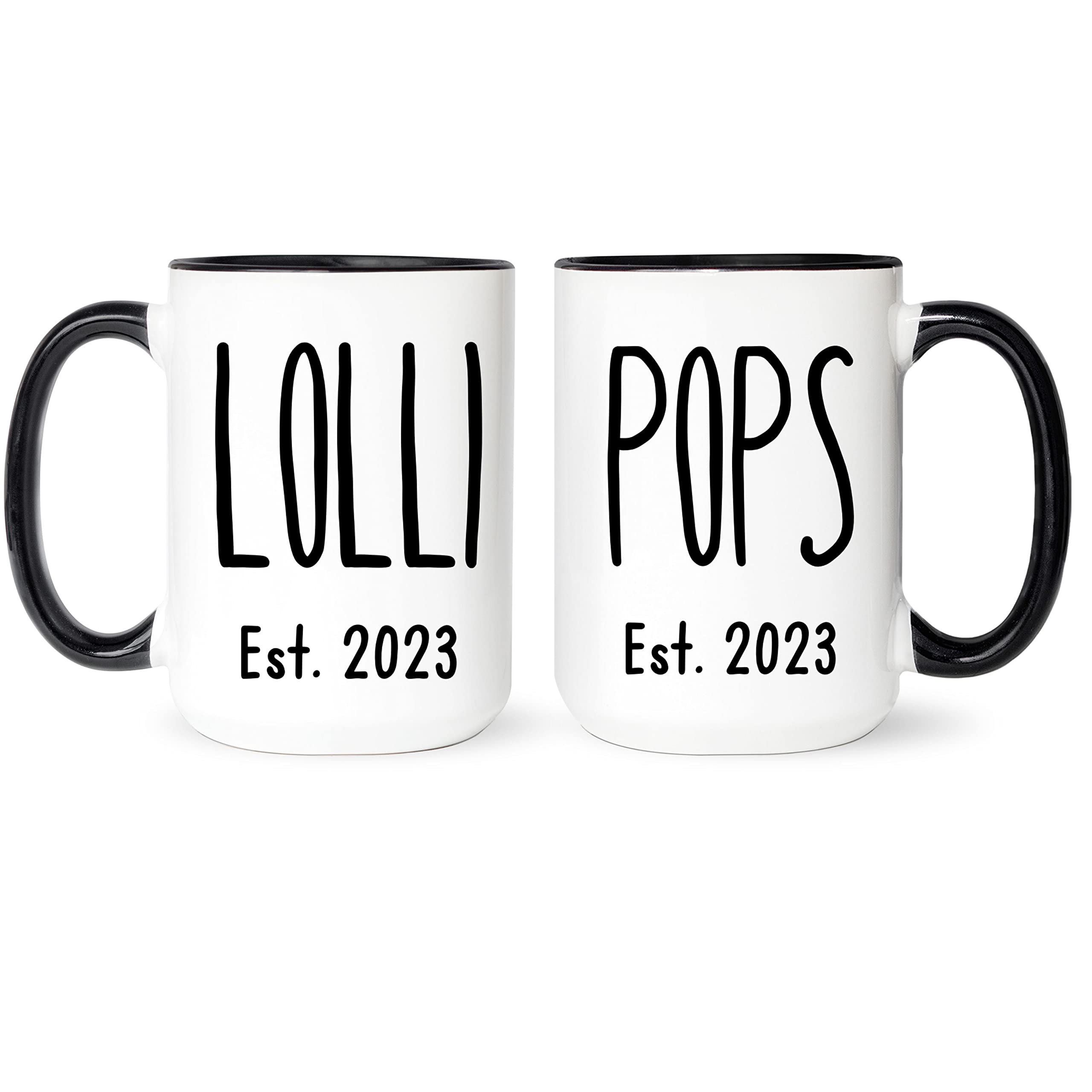 Lolli and Pops Grandparent Mug Set - Baby Announcement for Grandparents - Lolli Reveal - Custom Year (White, 15oz)