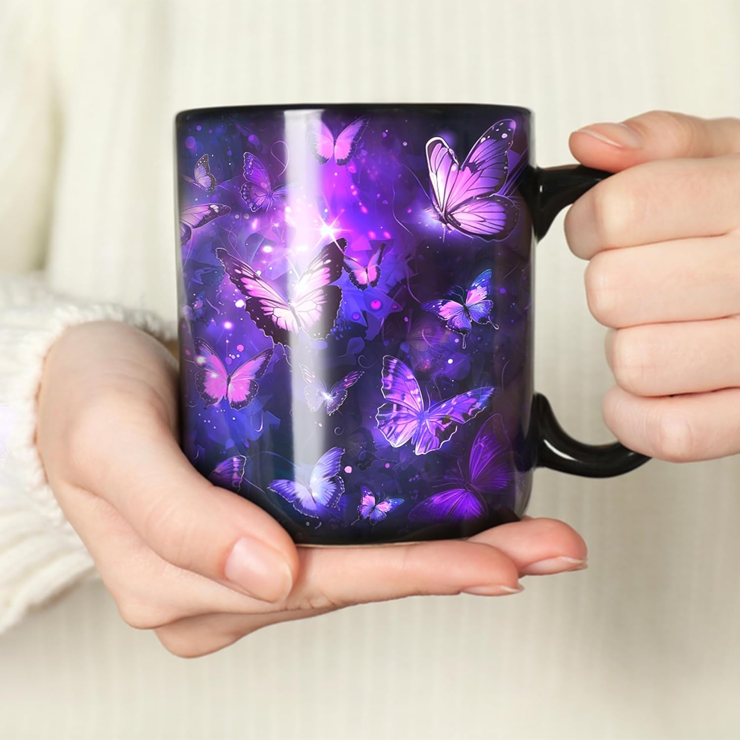 Hyturtle Butterfly Mug Set with Spoon & Keychain Gifts for Her, Christmas Birthday Gifts For Women Girls, Purple Night Butterflies Mug Set, Unique Gift Ideas For Friends 11oz Black Ceramic Tea Cup - Image 7
