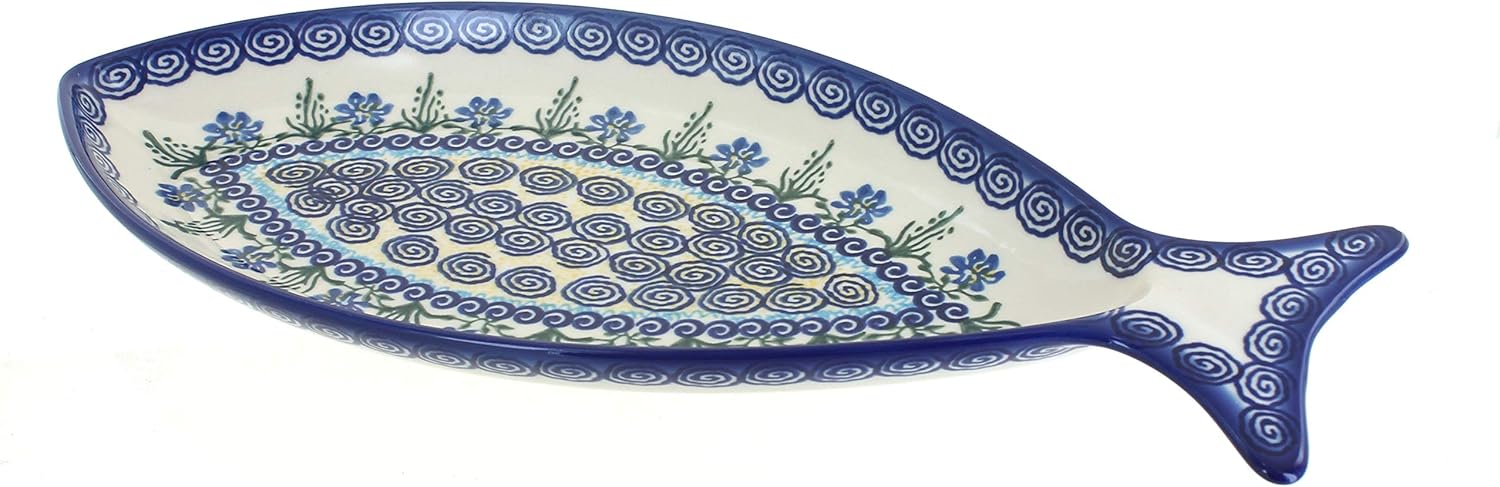 Blue Rose Polish Pottery - Blue Charleston Fish Dish - 14" x 6.5" - Unique Platter for Dinner Parties, Very Durable & Dishwasher Safe