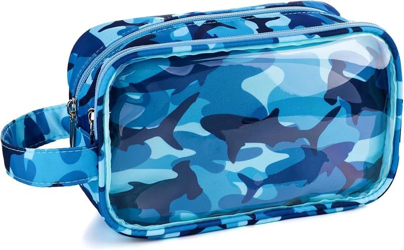 Necessaire infantil Vipdeal com estampa de tubarão azul, fechamento com zíper e gancho