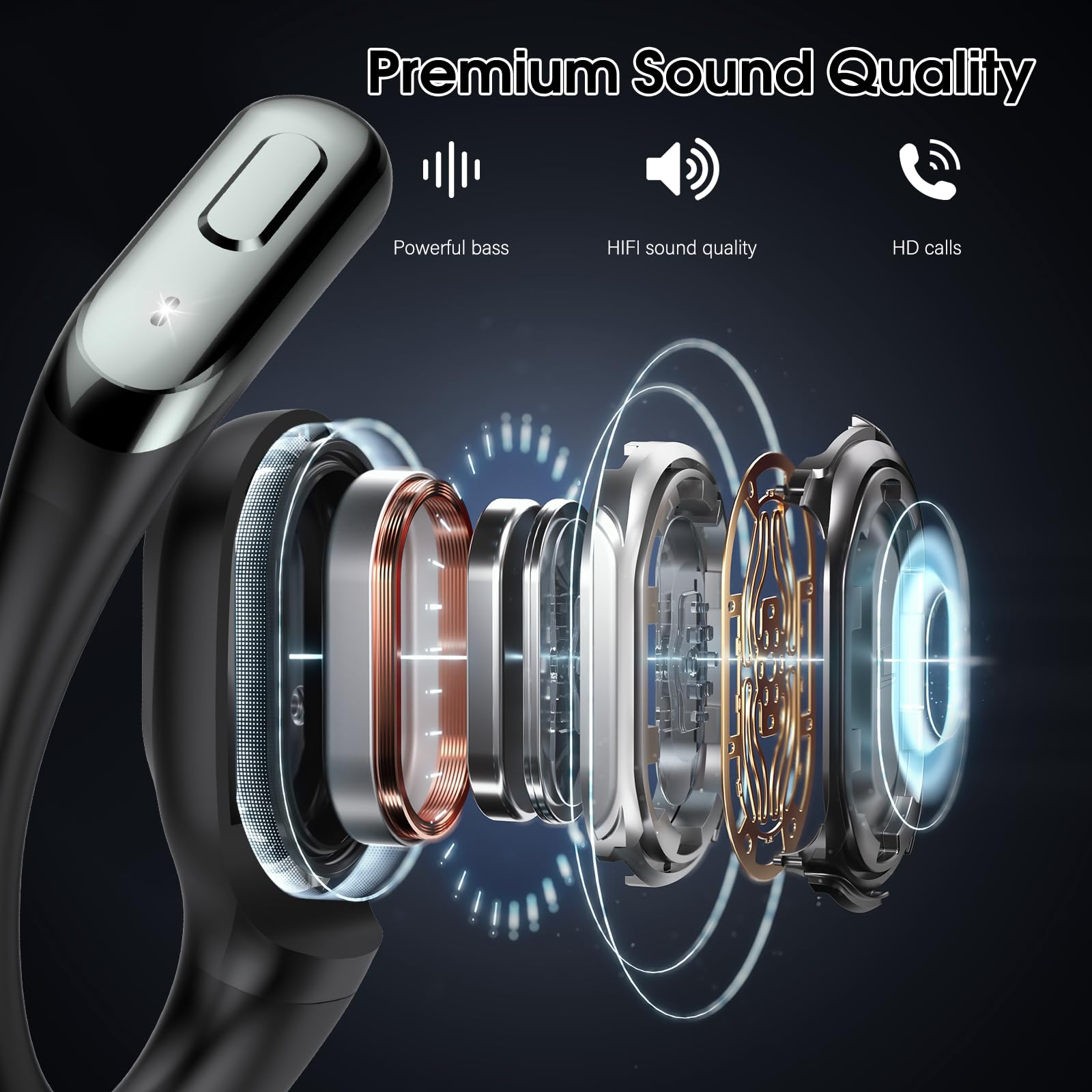 Écouteurs sans fil Bluetooth à oreilles ouvertes pour le fitness/entraînement Noir