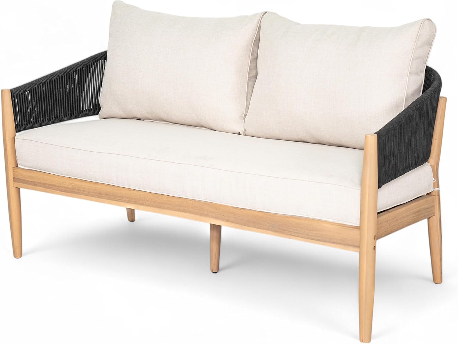 Christopher Knight Home Katarina Patio Acacia Wood Loveseat Furniture, Outdoor Loveseat Sofa with Comfy Fabric Cushions, 2-Seater Sofa with Handwoven Rope Backrest for Garden/Backyard, Black+Beige