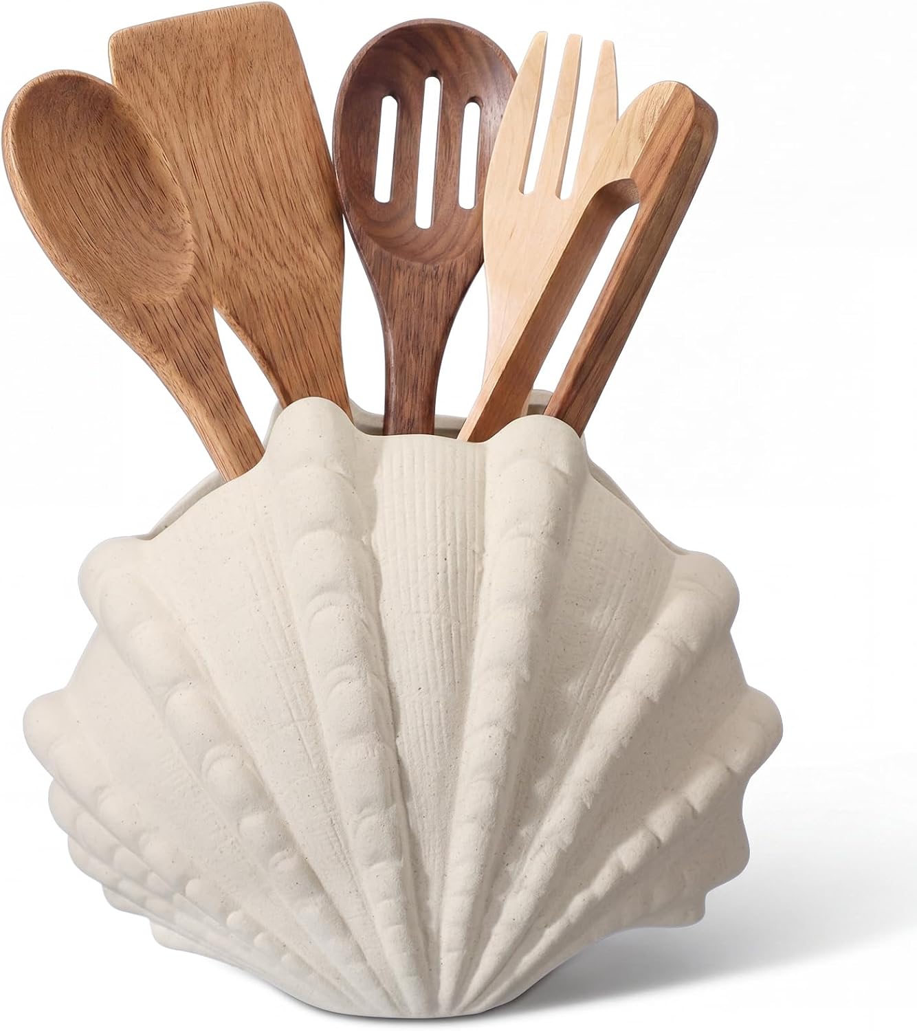 Hushee Coastal Shell Ceramic Utensil Holder, Cute 3D Decorative Kitchen Crock 7.6*9" Modern Kitchen Counter Organizer Decorative Flower Vase for Home Countertop