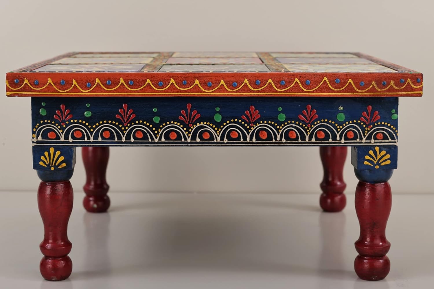 10" Colorful Wooden Decorative Chowki (Pedestal) | Wood Pedestal | Handmade | Made in India - Wood - Color Green