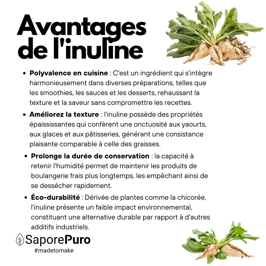 SaporePuro INULINE en poudre 1 kg - LONGUE CHAINE - Fibre végétale prébiotique issue de racines de chicorée - Poudre d'inuline haute performance pour le remplacement des graisses