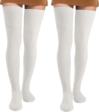 Pleneal 2 Pairs White Thigh High Socks Womens Long Over Knee High Boot Socks Leg Warmers