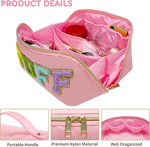 Miniatura 3 de Huifen Bolsa de aseo con letras bordadas, de chenilla, de nailon, impermeable, bolsa de aseo para mujer, portátil, multifuncional, de gran