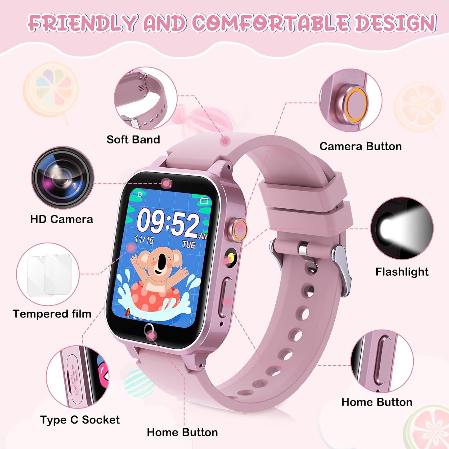Moremore Smart Watch for Kids with 39 Games, Kids Watch with Touch Touchscreen Alarm Clock, HD Camera, Pedometer, Gifts Toys for Ages 3-12 Years Old for Boys Girls, Pink