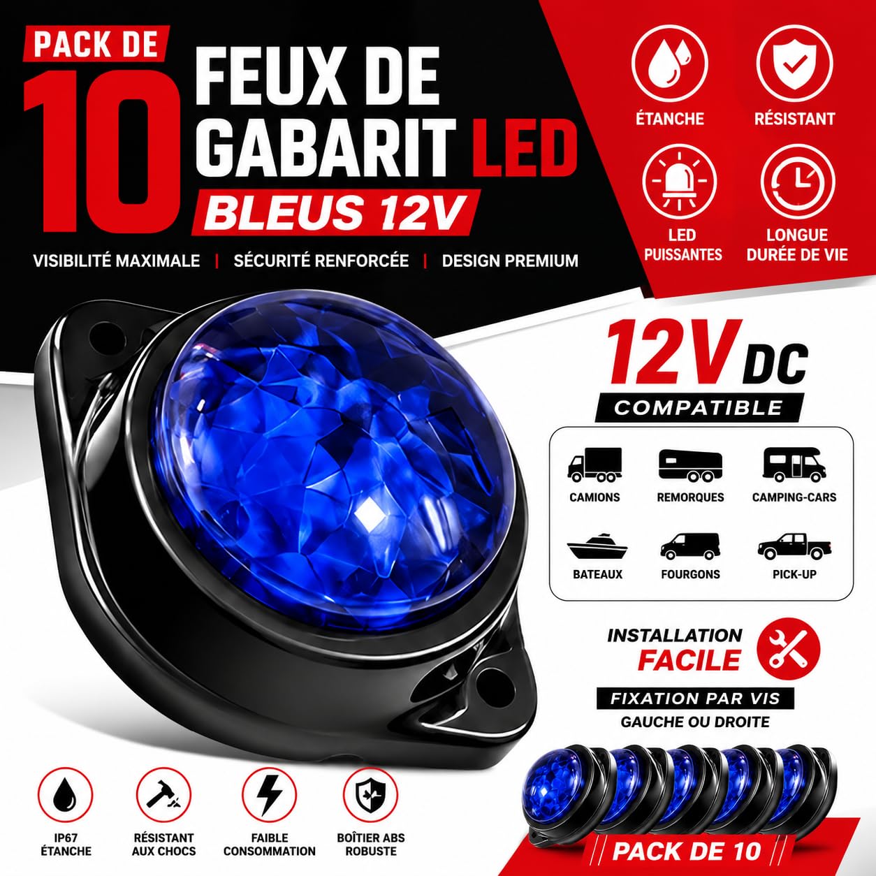 Lot de 10 feux de position latéraux arrière à LED bleues pour camions, remorques, marqueurs de cabine, marqueurs de camping-car, lumière LED marine pour bateaux, feu arrière, feu stop, 12 V