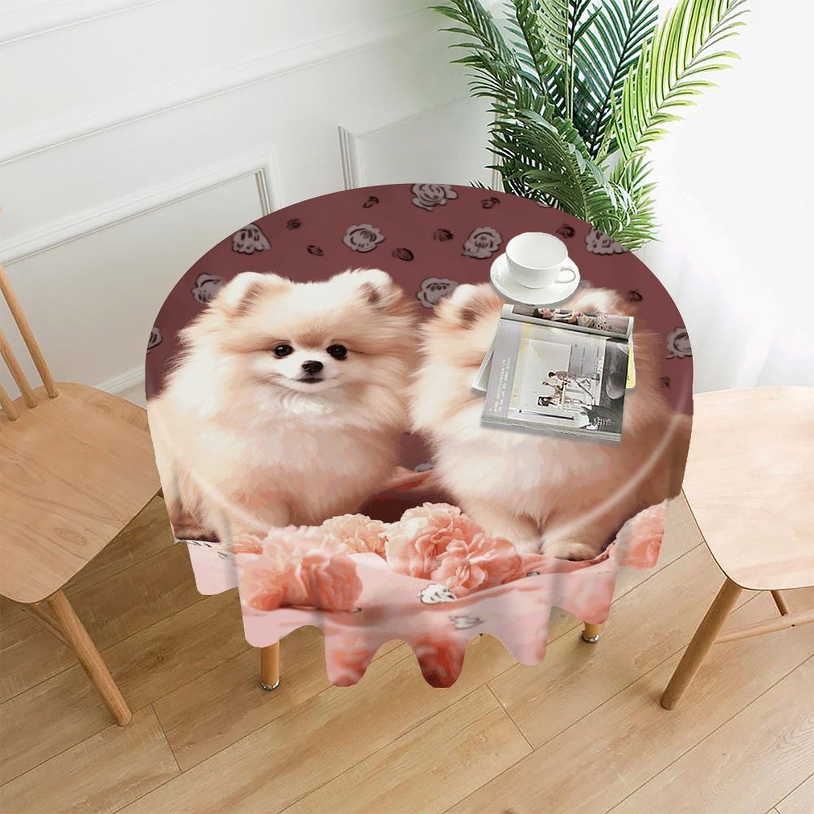 Pomeranians Puppies and Point Tablecloth Exquisite Wrinkle-Free Straight-Edge Round Table Cloth Anti-Fading Premium Polyester Tablecloth Waterproof Folding Table Cloths for Tables Decor