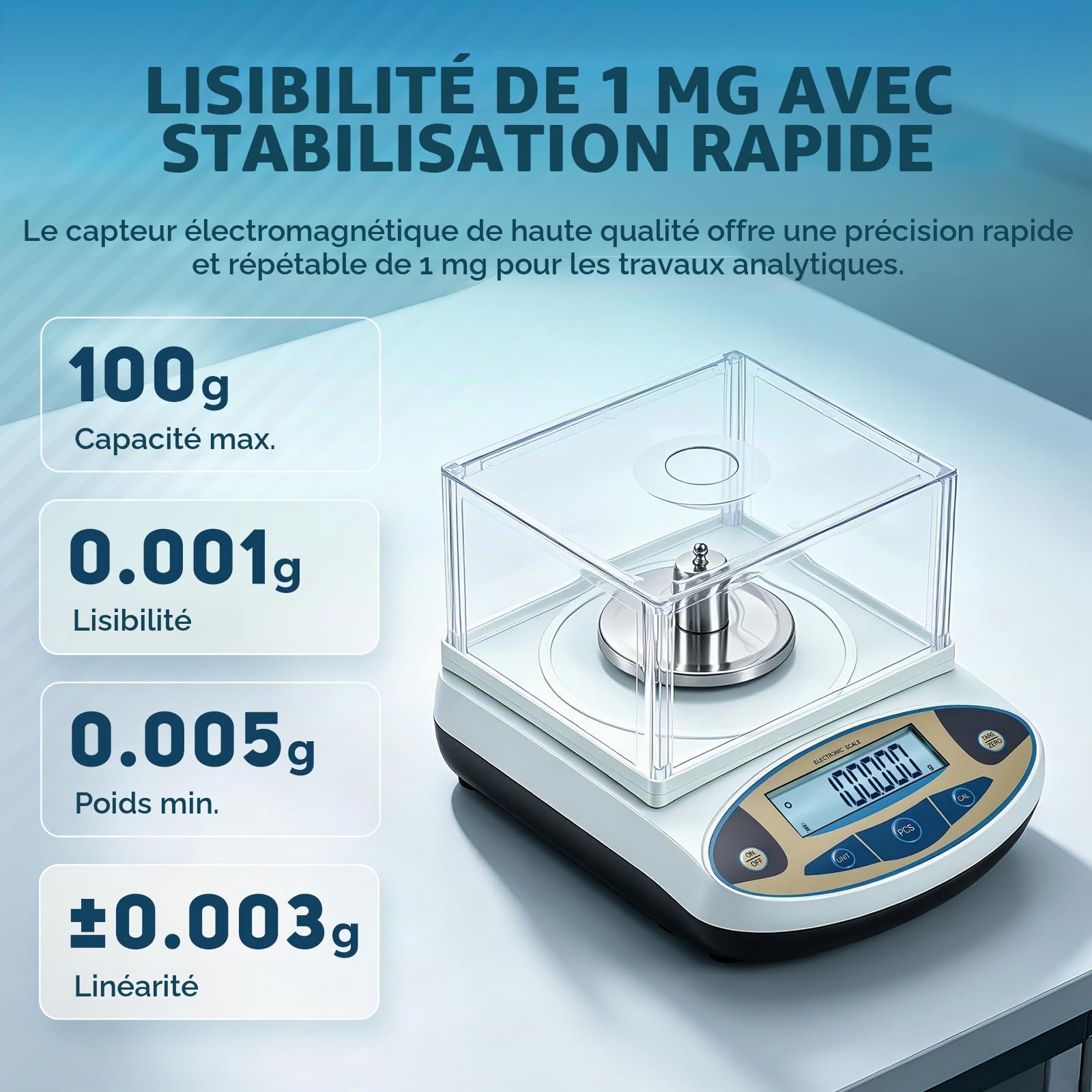 Bonvoisin Balance Analytique de Laboratoire 100g/0,001g avec Pare-Brise | Balance Haute Précision Lisibilité 1mg, Plateau Inox, 13 Unités, Tare & Comptage, Étalonnée Usine pour Labo, Bijouterie & Oro