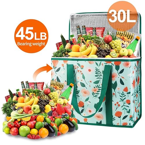 Miniatura 4 de Bodaon Paquete de 2 bolsas de compras reutilizables aisladas, bolsa enfriadora de picnic XL con cremalleracremallera superior fría, bolsa aislada