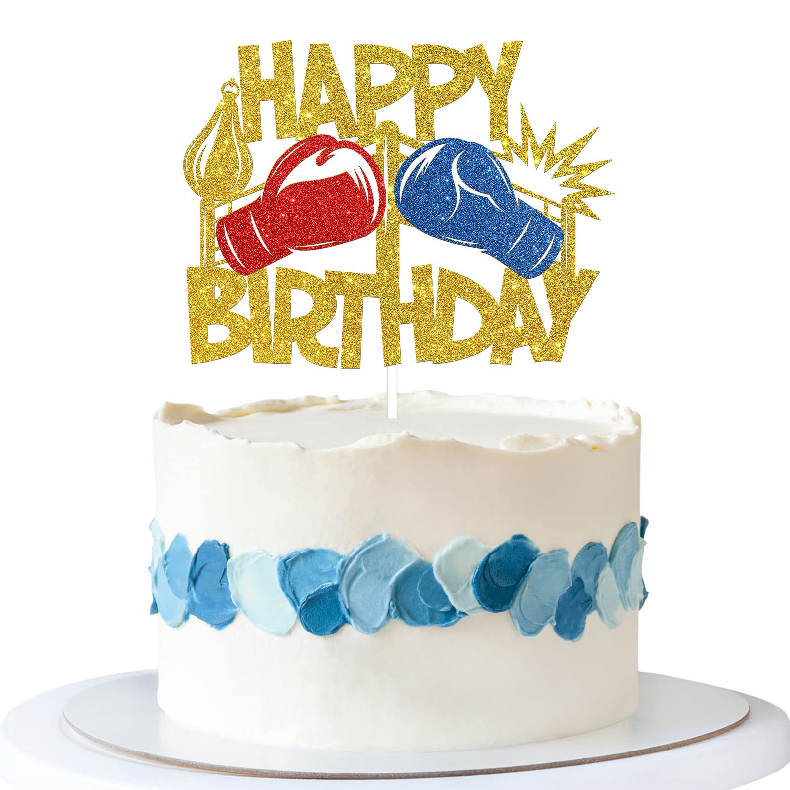 Talorine Boxing Happy Birthday Cake Topper, Wrestle Theme Birthday Party Decoration, Sport Party Cake Topper, Men Baby Kids Boxer Birthday Party Supplies (Gold Glitter)