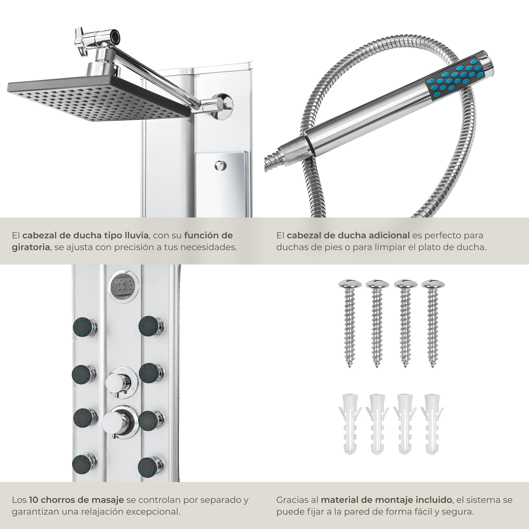tectake® Columna Ducha con Hidromasaje, Grifo Ducha y de Mano, 10 Chorros Masaje, Diseño Moderno, Fácil Instalación, Anticalcáreo, Duchas de Baño, Estructura de Aluminio - Plateado