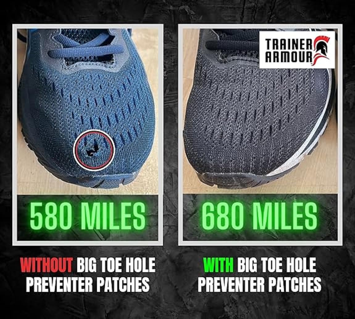 Prevención de agujeros en el dedo del pie para zapatos de correr y calzado de tela. Parches autoadhesivos con un aplicador inteligente. Fuerte e imperceptible cuando se ajusta.