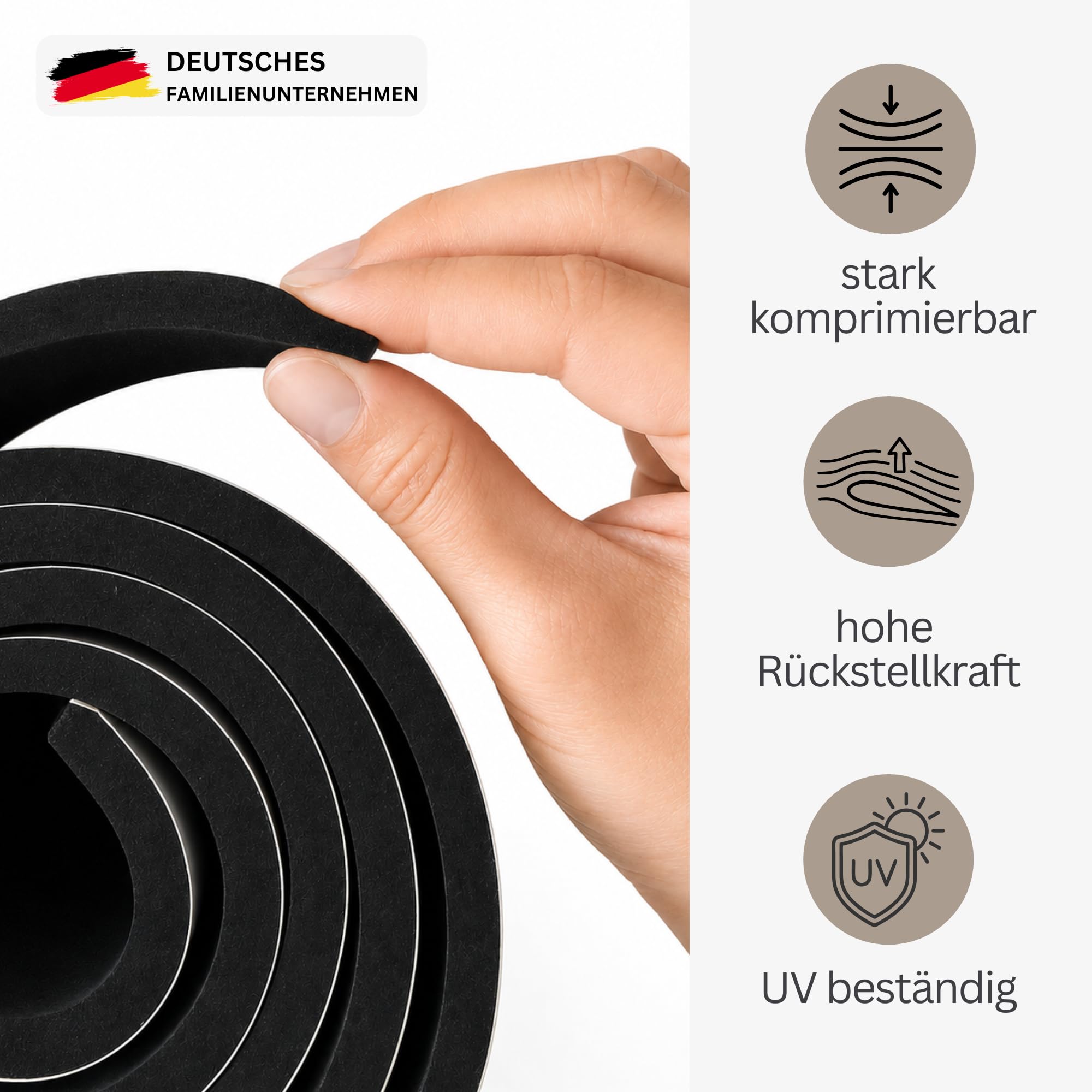 sarian Moosgummi Dichtungsband selbstklebend EPDM bis 10m Länge 3mm -10mm Stärke Schaumstoff Dichtband für Fenster, Türen, Auto, Schalldämmung & Wärmedämmung, stark haftend | Moosgummistreifen mit einseitiger Klebeschicht bis 10m Länge und bis 10mm Stärke