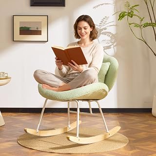 VINGLI 25.6" Extra Wide Nursery 115° Armless Rocking Chair, Curved Cute Cross-Legged Glider Chair with Pillow & Solid Wood, Nursing Chair for Bedroom, Living Room, Teddy Fleece, Mint Green