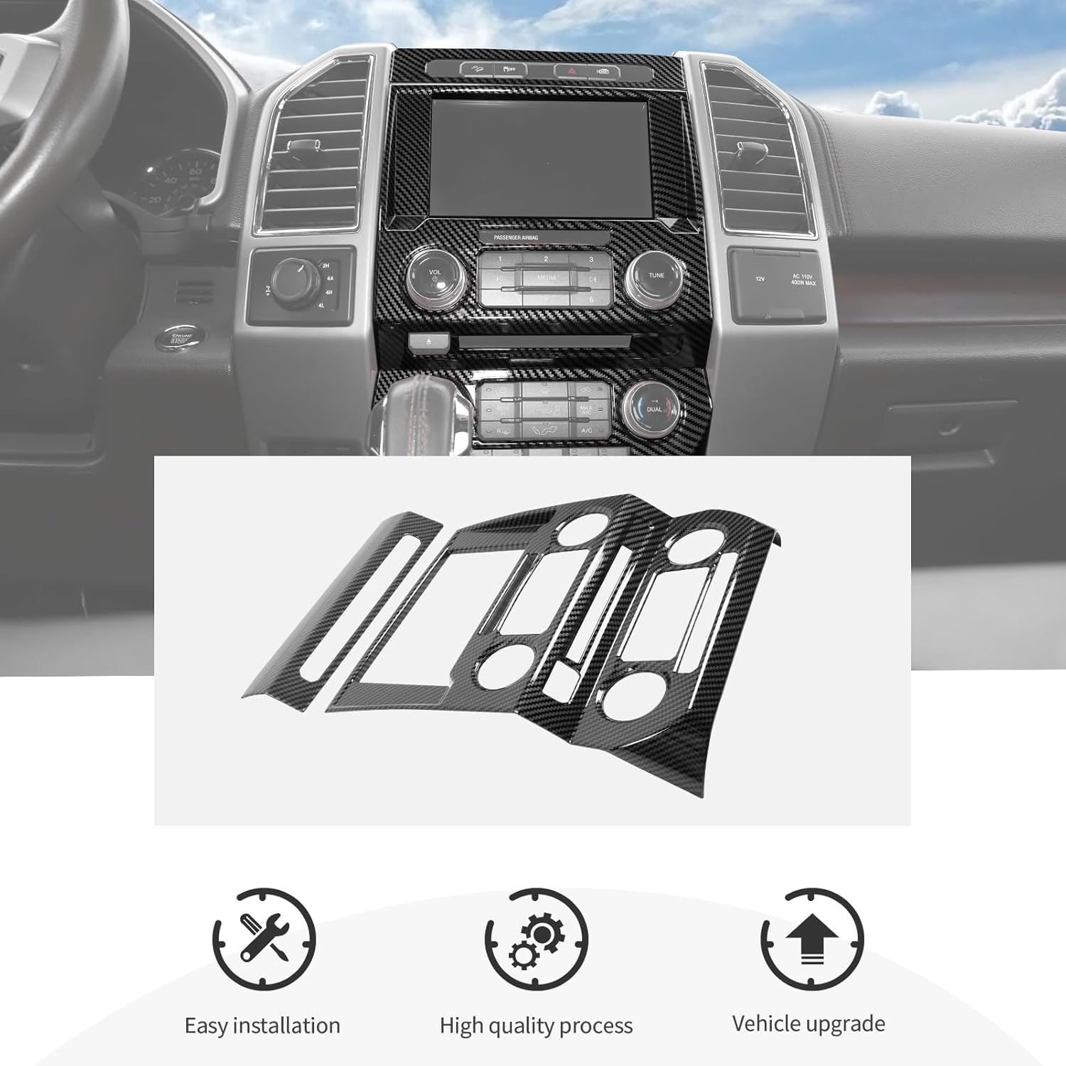 CheroCar Black Carbon Fiber Central Control Navigation & Emergency Light Control Panel Trim Cover Kit Fit for Ford F150 2015-2020 Hazard Light Switch & GPS Screen Surround Decorative Bezels