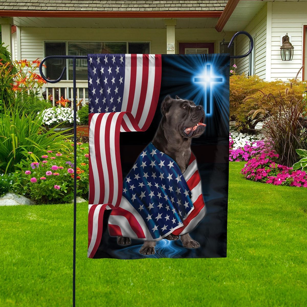 American-Flag Cane Corso Dog Standing Under Cross American Patriotic Christian Jesus Lover House Flag (3x5) Double Sided-USA Flags Premium Polyester-Decorative Indoor Outdoor Flag