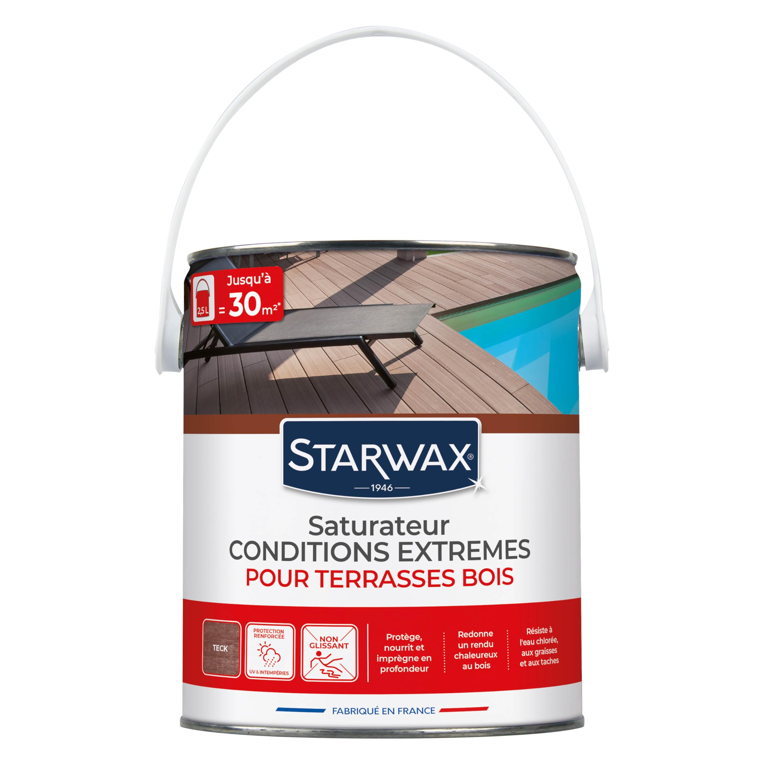 STARWAX Saturador madera exterior condiciones extremas 2,5L teca | Nutre protege y embellece terrazas de madera exótica, resistencia UV a la intemperie y agua clorada, rendimiento 10 a 12 m²/L