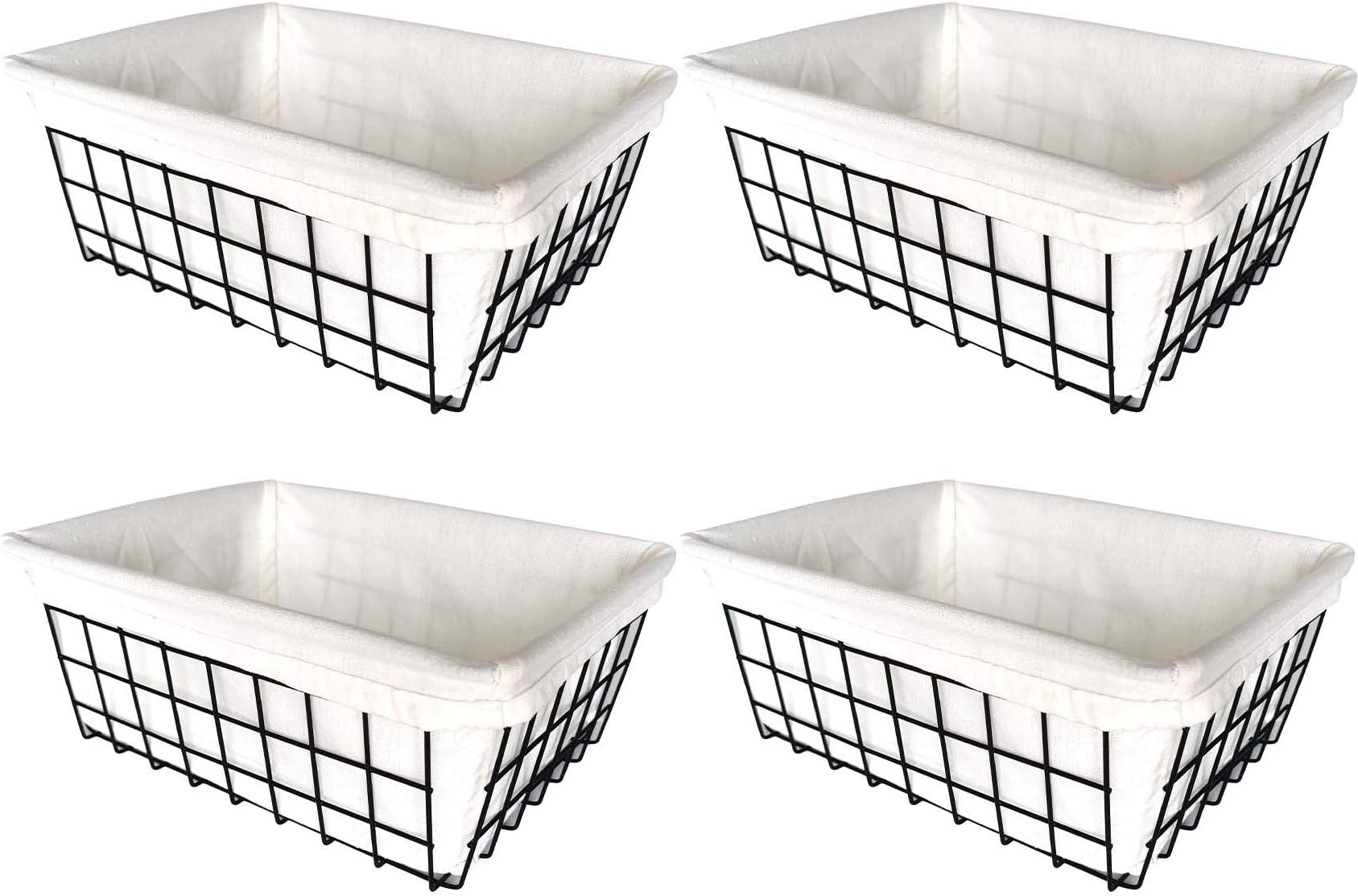 Wire Storage Baskets, 4 Pack Metal Household Organizer with 4 Pcs Fabric Liners, Refrigerator Bin with Handles, for Pantry, Shelf, Freezer, Kitchen Cabinet, Bathroom, Countertop, Closets (Black)