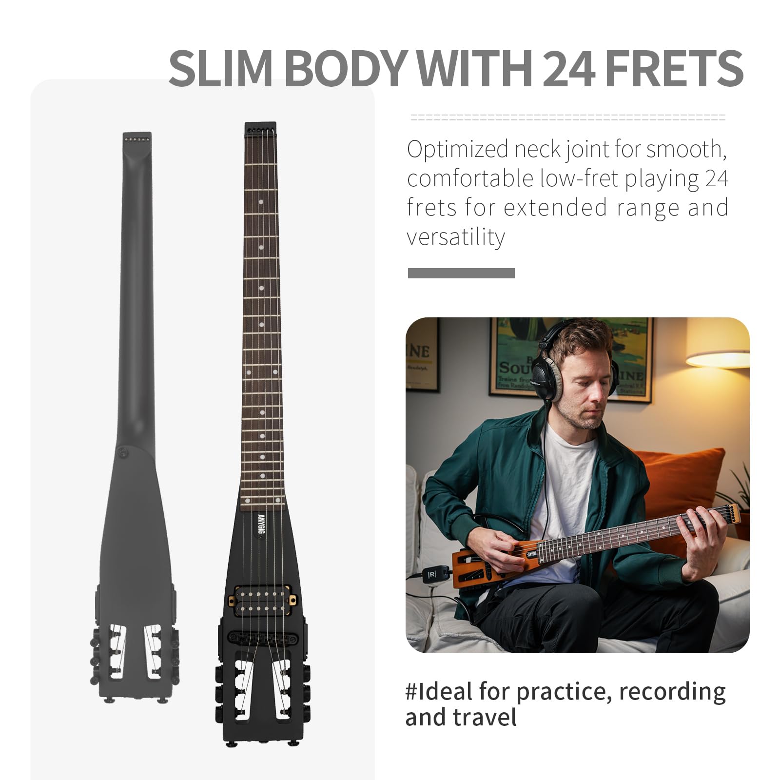 Reise E Gitarre – Volle Größe, ultraleicht (wiegt nur 1,8 kg), 100 % Ahorn, digitales Stimmgerät, Gitarrentasche, Ständer, geeignet für Linkshänder und Rechtshänder, Schwarz