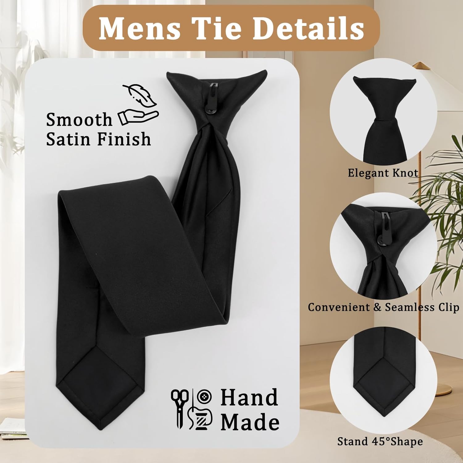 Clip on Ties for Men, Pre Tied Mens Black Tie Skinny Neck Ties Mens Solid Color Necktie for Wedding Office School - Image 4