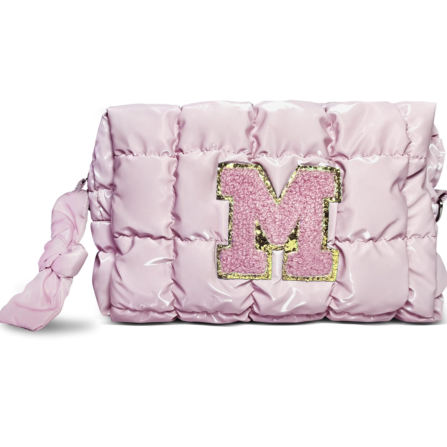 GenesisJoy Pink Makeup Bag with Initial,Fluffy Soft Checkered Makeup Travel Bag, Cute Puffer Toiletry Bag for Women,Quilted Makeup Bag, Gift for Women (pink)