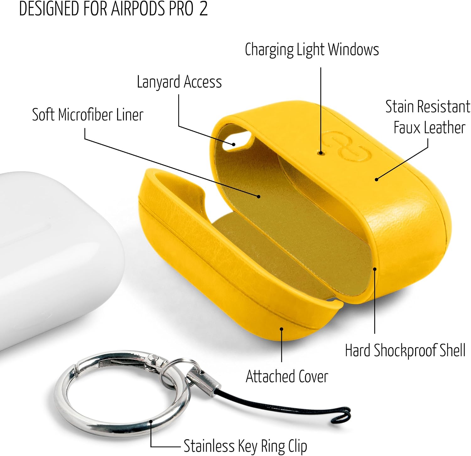 Dreem Om Case Cover with Keychain Clip Compatible with AirPods Pro 2/Pro, Protective One-Piece Hard Shell, Luxury Vegan Leather AirPod Pro Case 2nd/1st Generation with Separate Clip [Yellow]