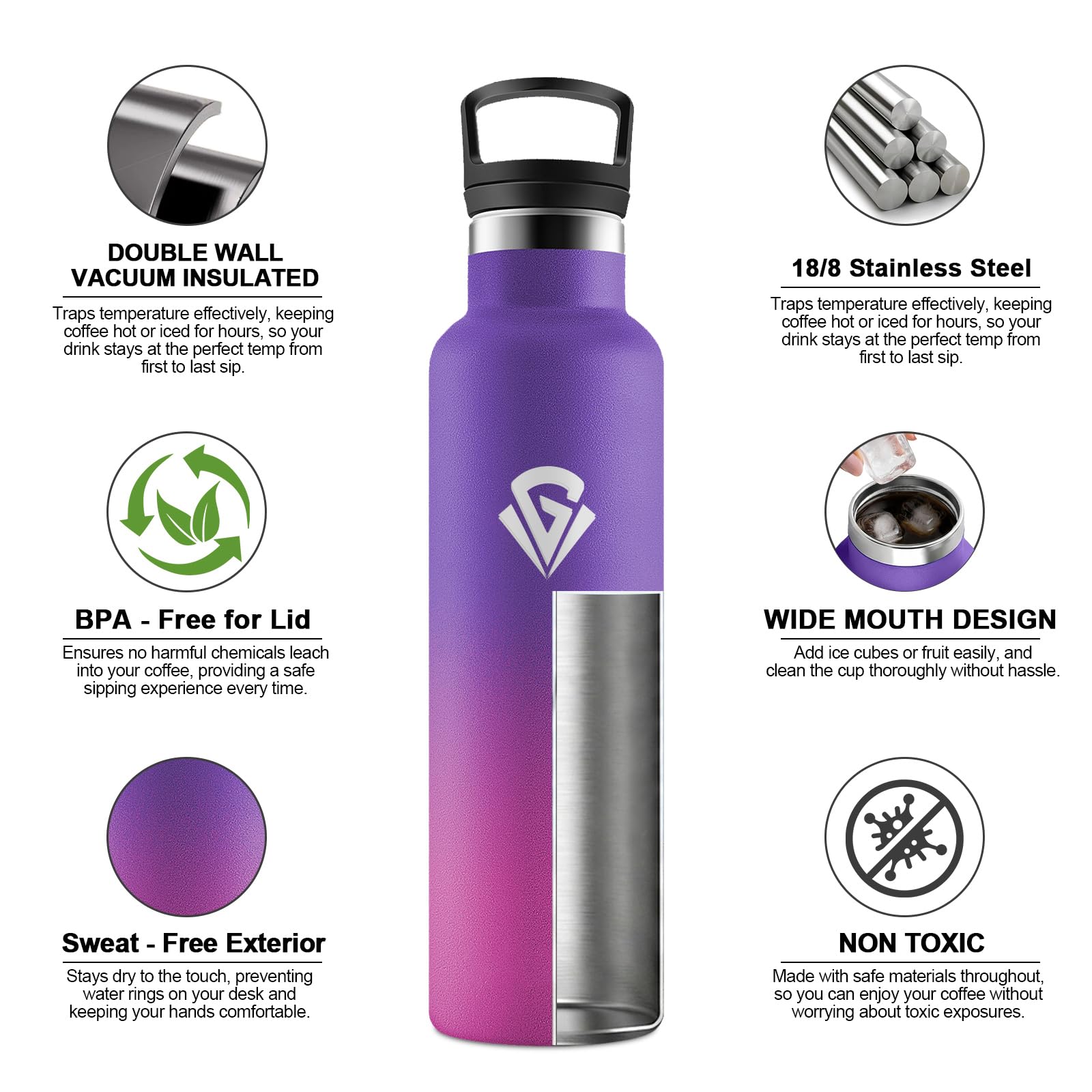 Borraccia 750 ml, Borracce Acciaio Inox, Senza BPA, con Doppio Strato Isolante, per Bevande Gassate, Scuola, Campeggio