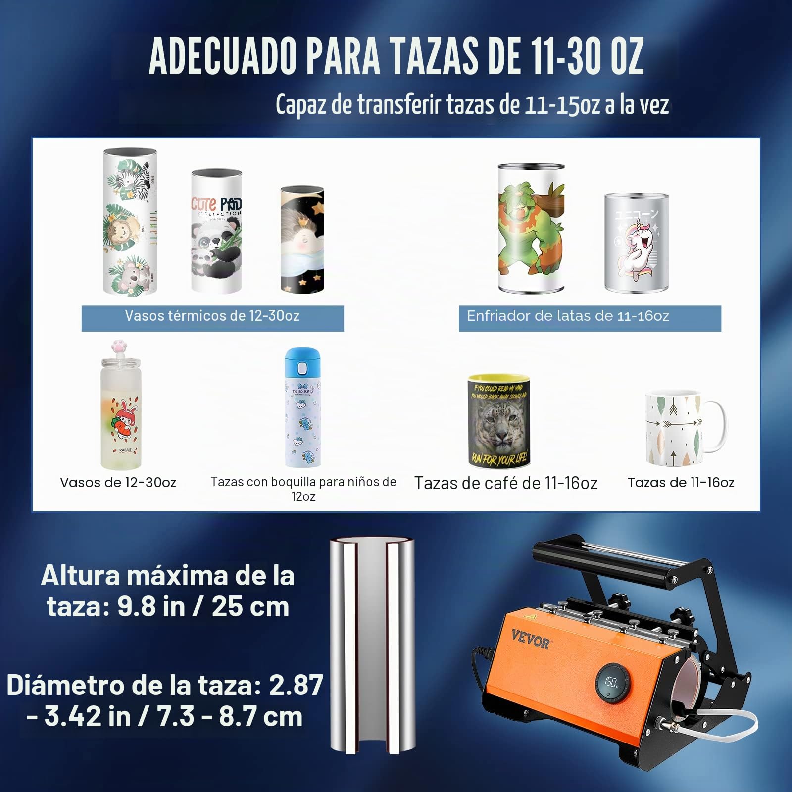 VEVOR - Prensa de calor para vasos, máquina de prensa de calor para tazas de 30 onzas, transferencia de sublimación de 11 a 15 onzas, 16 a 25 onzas, vasos rectos y delgados, prensa de calor de taza