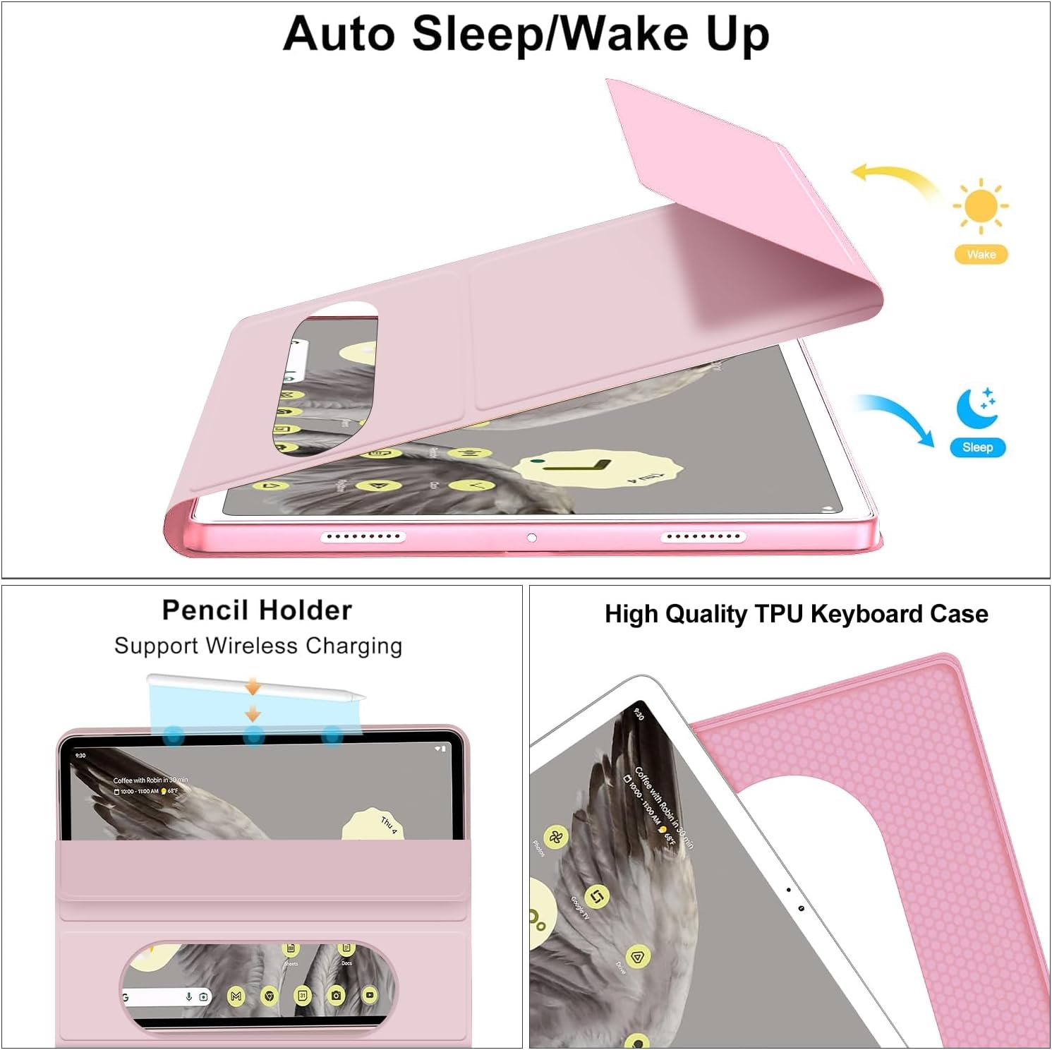 Pixel Tablet Keyboard Case 11” 2023/2024, 7 Color Backlight Detachable Bluetooth Keyboard Cover with Stylus Pen Holder, Google Pixel Tablet Case with Stand Support Charging Speaker Dock Pink