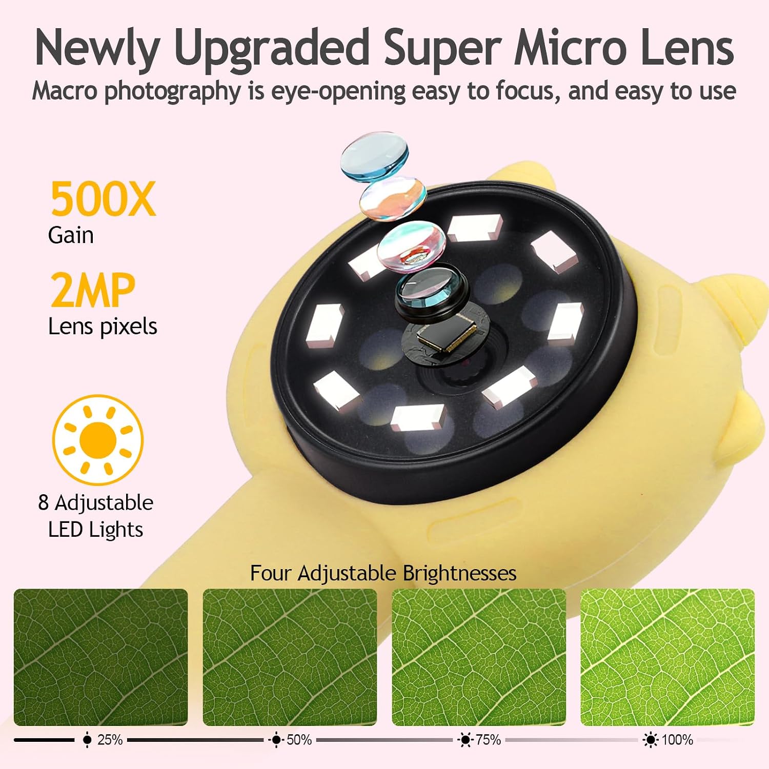 Kids Microscope 500X with 2" IPS Screen - Mini Handheld Digital Microscope with 1080P HD Imaging, 8 LED Lights, Photo & Video, Portable STEM Science Toy Gift for Boys & Girls Ages 3-12 - Yellow image 4