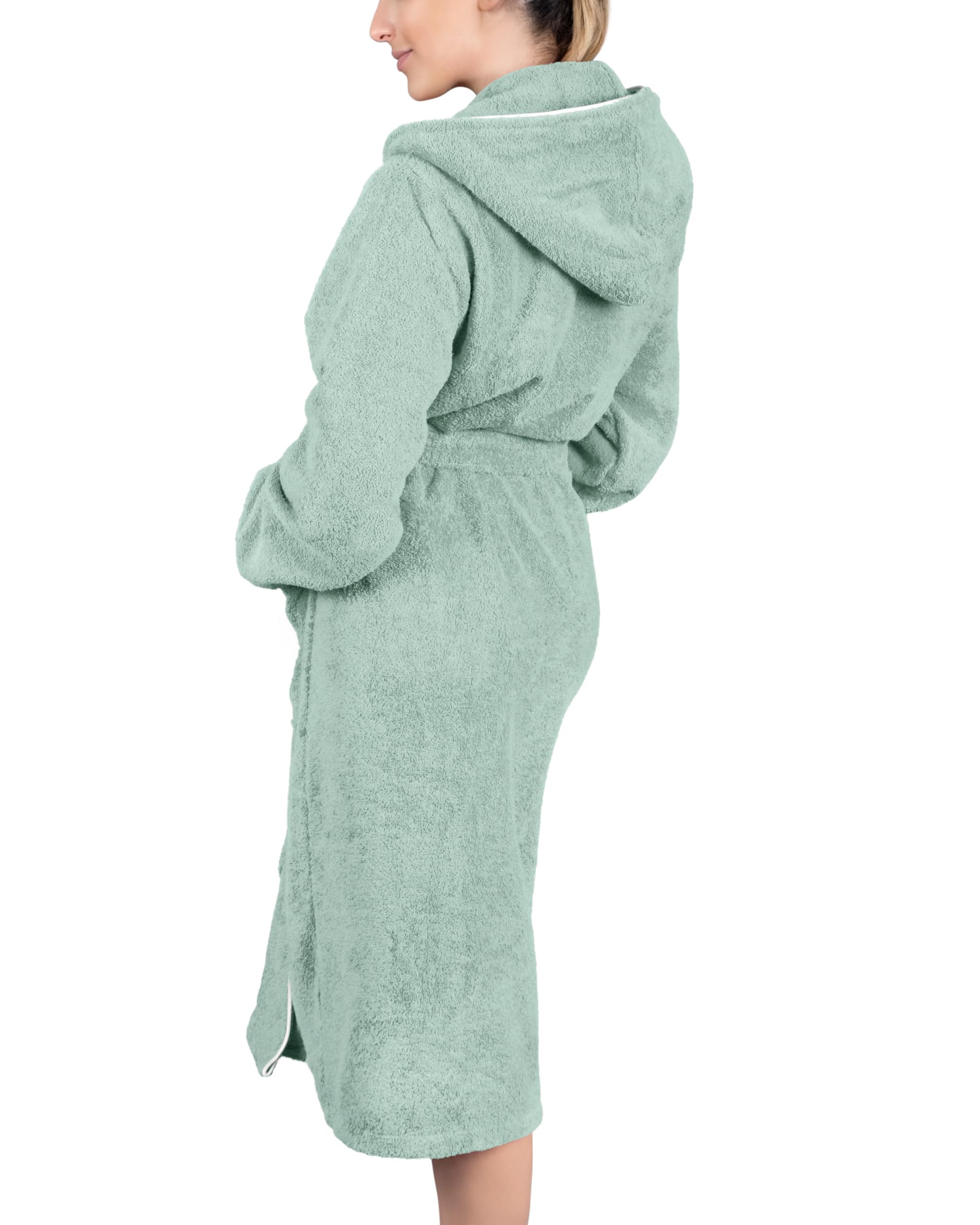 LAYNENBURG Bademantel Damen Frottee - Kapuze - Lang - 100% Baumwolle (360g/m2) - OEKO TEX Standard 100 - Größe S, M, L, XL, XXL, 3XL
