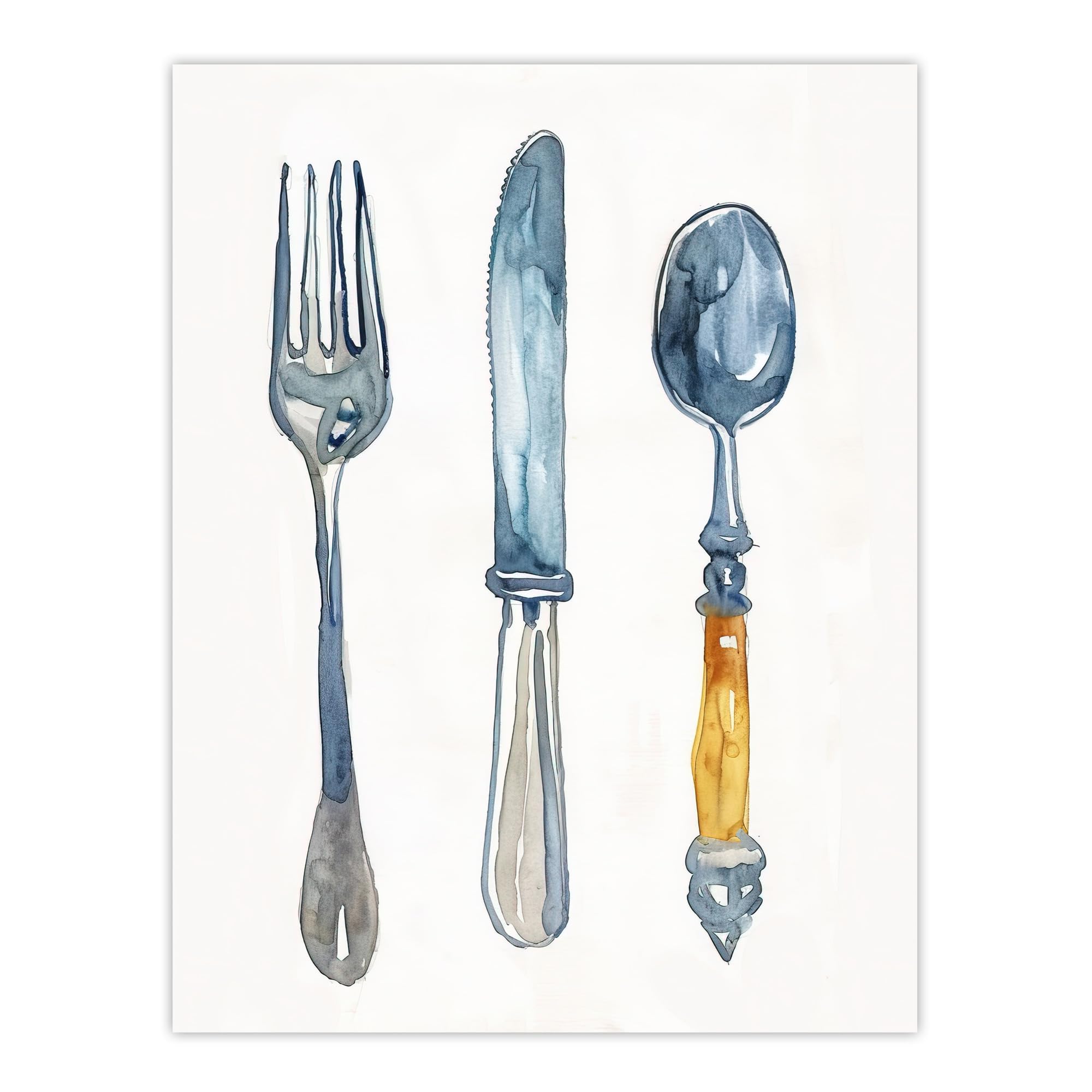 Artery8 Cutlery Fork Spoon and Knife Bright Watercolour Kitchen Large Wall Art Poster Print Thick Paper 18X24 Inch
