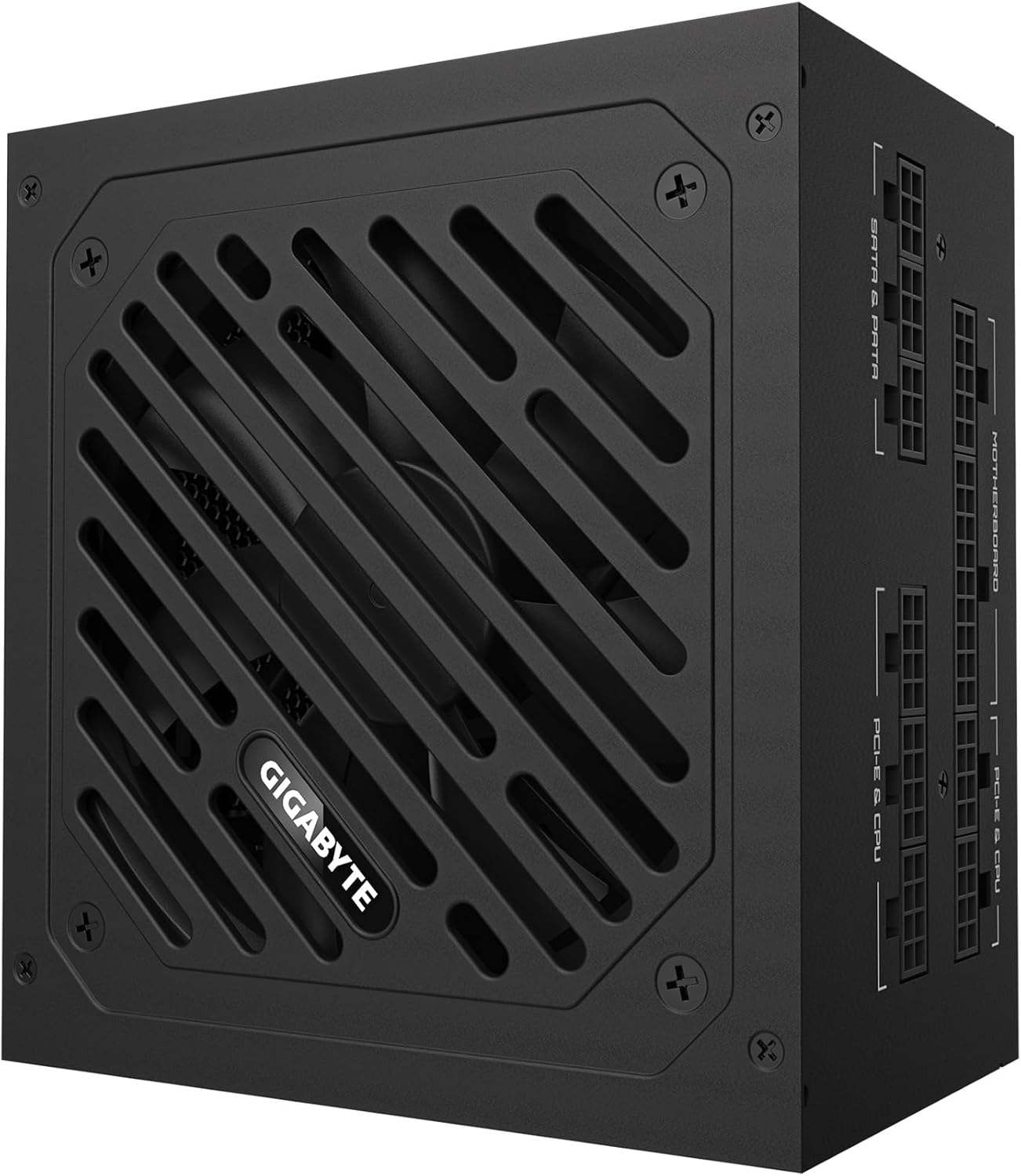 पिछला view of the GIGABYTE GP-UD850GM-A power supply, featuring the power input, on/off switch, and detailed specification label.