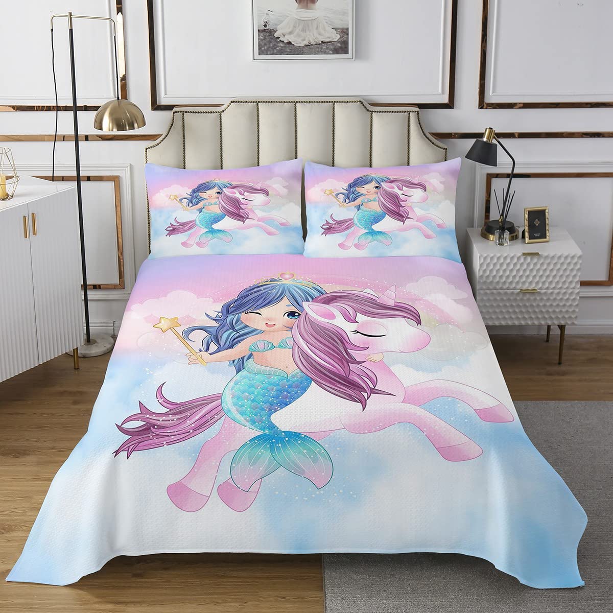 Sirena Unicorno Cartoon Mermaid Coverlet Juego para niños niñas lindo unicornio acolchado colcha de fauna salvaje acolchada colcha 240 x 220 cm