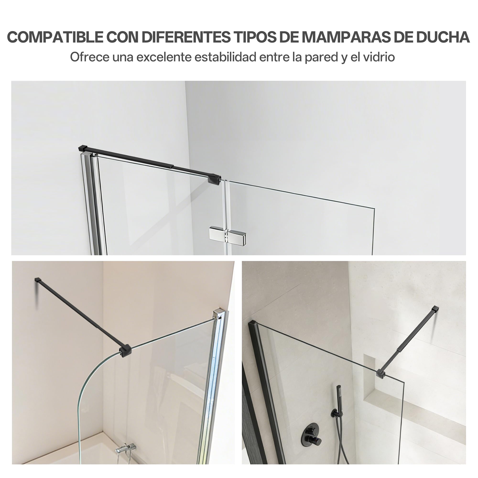 Barra de soporte telescópica de pared para mampara de ducha, ajustable de 66,7 a 121,5 cm (desde la pared hasta el borde interior del vidrio), para vidrio de 6-10 mm, negro mate | Fabricado con acero inoxidable 304, adecuado para vidrio de 6-10 mm, diseño