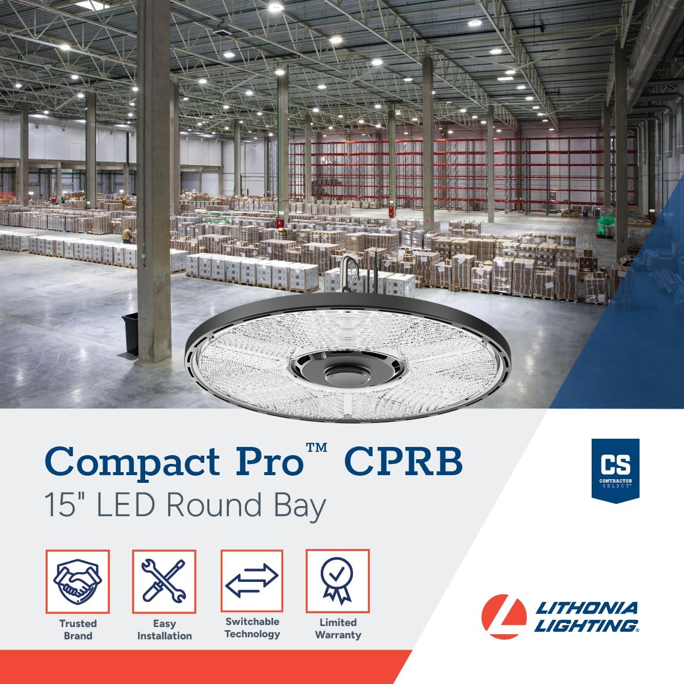 Lithonia Lighting Compact Pro Round LED High Bay Light, Ceiling Lighting Fixture, Adjustable 21000/24000/27000 Lumens, Selectable 4000K/5000K, UVOLT 120–347V, Black (CPRB ALO14 UVOLT SWW9 80CRI DBL)