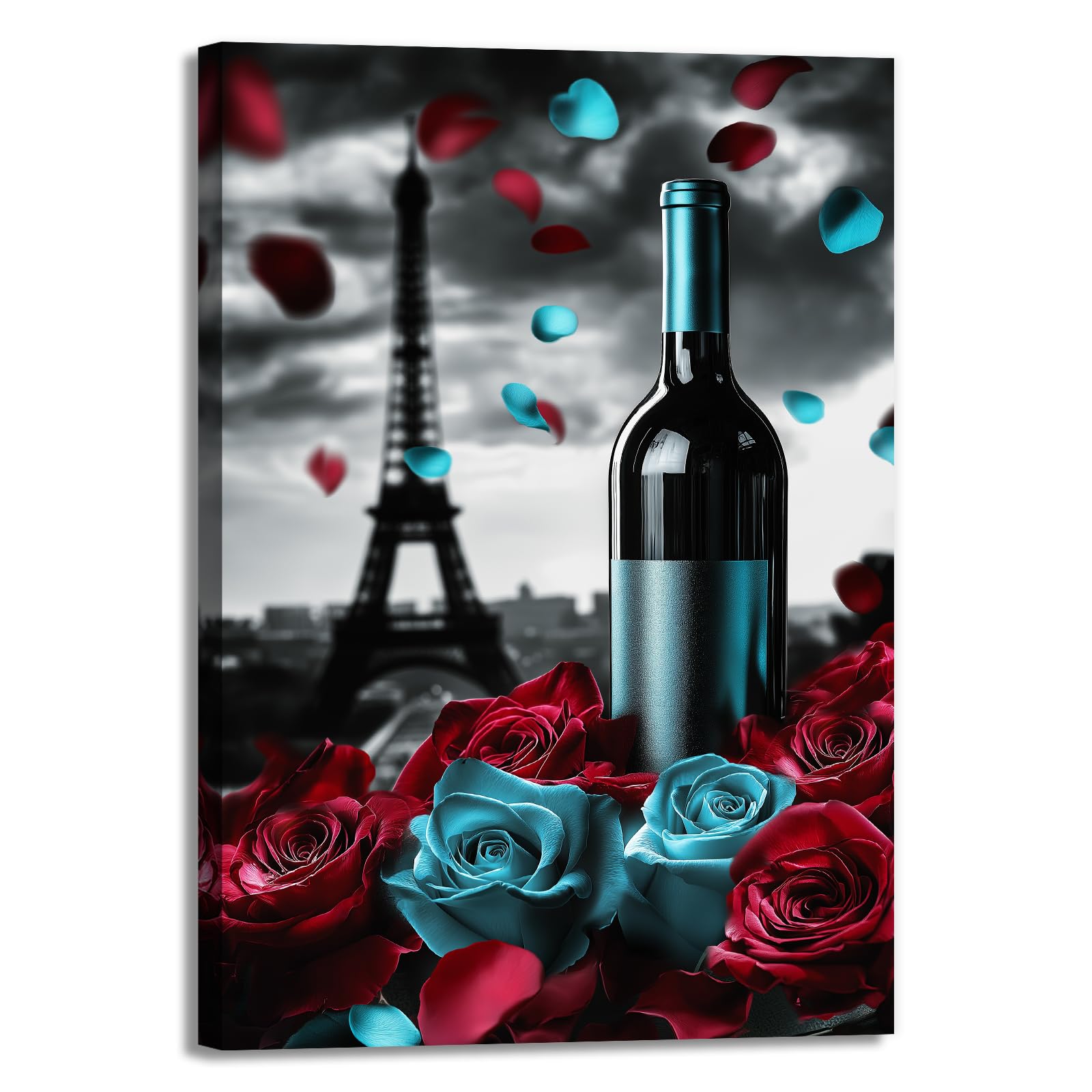 GLOKAKA Wine Flower Canvas Wall Art Blue Red Rose Poster Parisian Eiffel Tower Landscape Painting Elegant Kitchen Dining Room Decor(Artwork-1,28"x42")