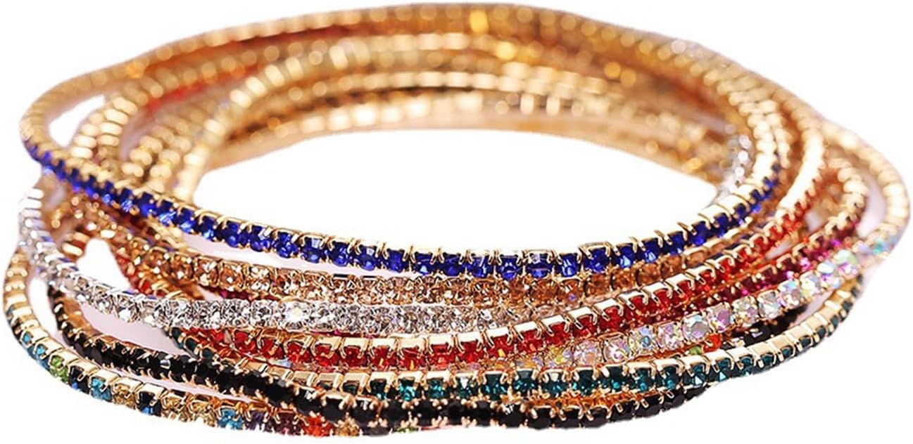 Caiyao 10Pcs 14K Gold Plated Dainty Sparkling Colorful Cubic Zircon Crystal Beaded Stackable Stretch Rhinestone Adjustable Tennis Chain Bracelets Birthday Jewelry for Women