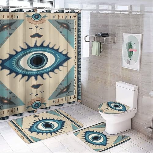 Juego de 4 cortinas de ducha de baño, juegos de baño con alfombras (tapete de baño, forma de U y tapa de inodoro), juego de decoración de baño