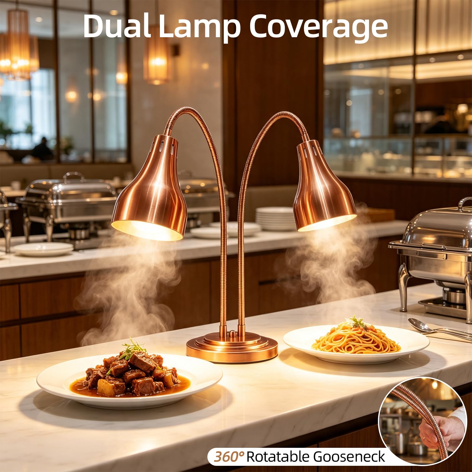 Dwupalnikowa lampa grzewcza do kuchni, 500 W, lampa grzewcza na podczerwień z lampami 2 x 250 W, regulowana łabędzia szyja 70 cm, lampa bufetowa ze stali nierdzewnej do restauracji, hotelu i cateringu