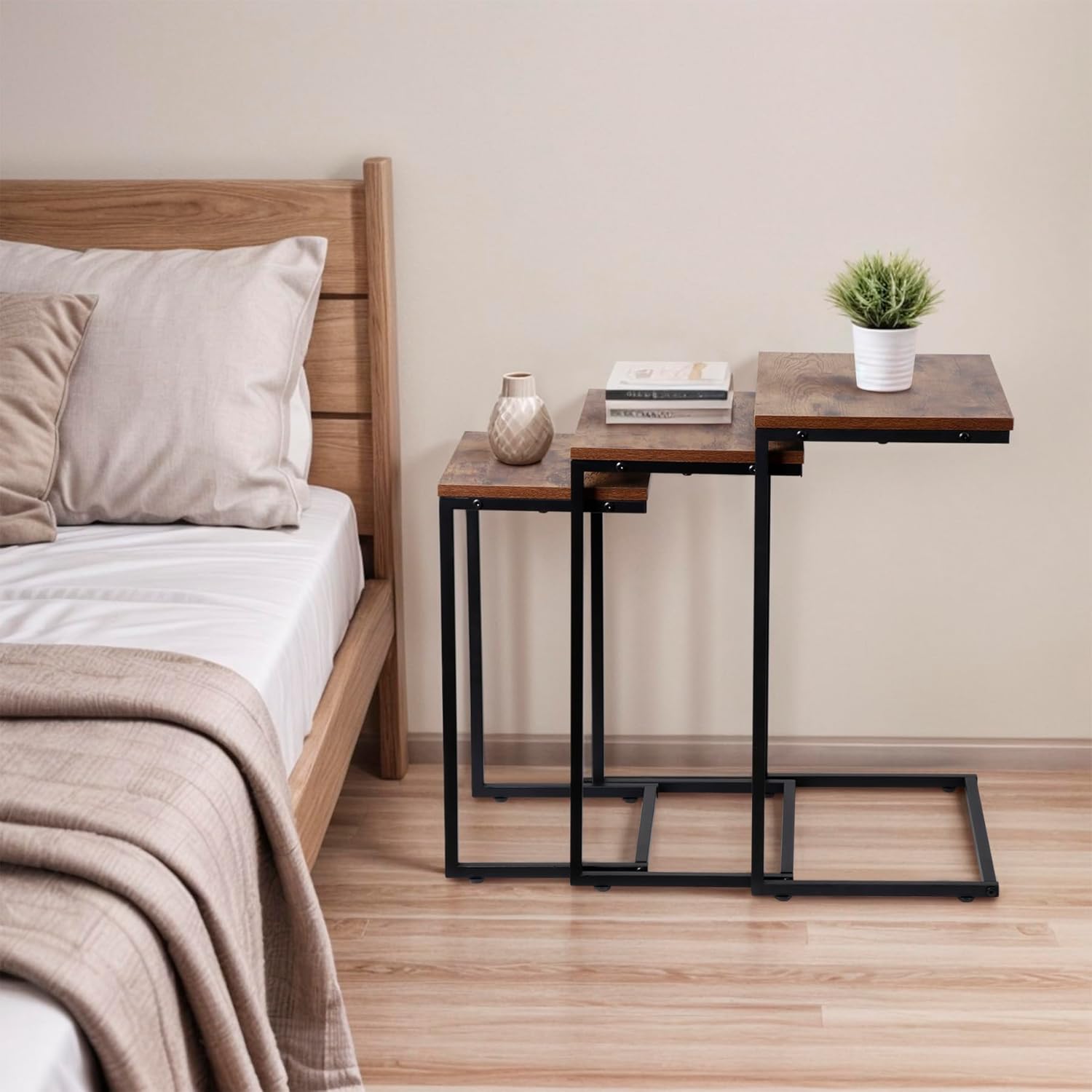 ZenStyle Nesting Coffee Table Set of 3 Side Tables, Industrial C-Shaped End Tables with Wood Table Top & Sturdy Metal Frame Stacking Accent Furniture